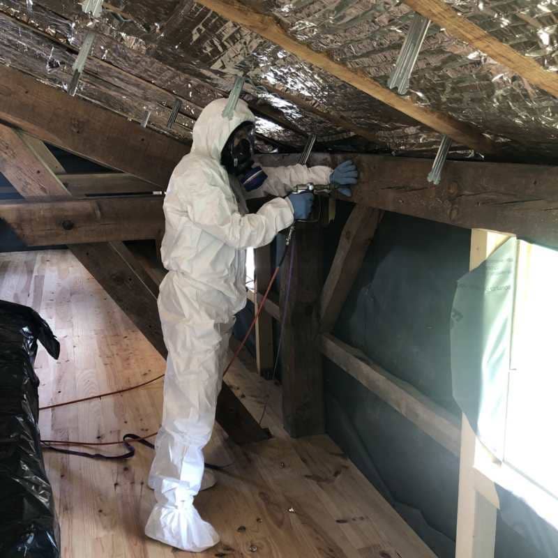 Technicien BDX Termites Arcachon en combinaison de protection traitant une poutre de charpente